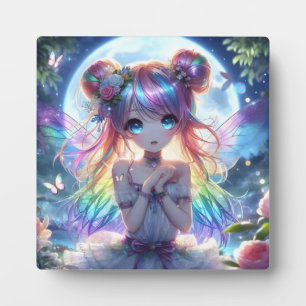 Anime Girl Rainbow Hair Singing Moon Fairy Plaque
