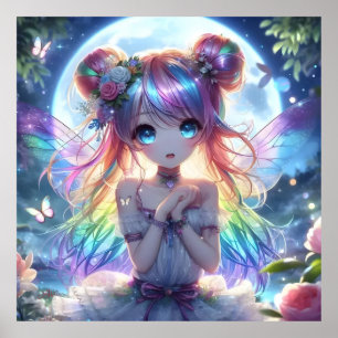 Anime Girl Rainbow Hair Singing Moon Fairy Poster