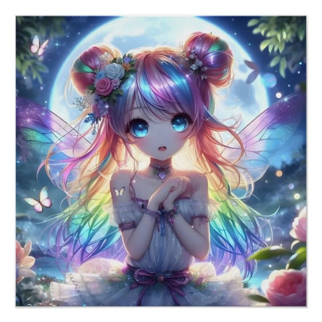 Anime Girl Rainbow Hair Singing Moon Fairy Poster (Front)