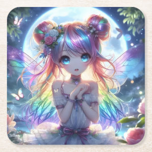 Anime Girl Rainbow Hair Singing Moon Fairy Square Paper Coaster