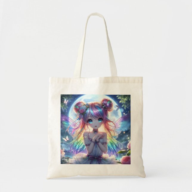 Anime Girl Rainbow Hair Singing Moon Fairy Tote Bag (Front)