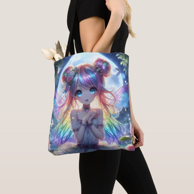 Anime Girl Rainbow Hair Singing Moon Fairy Tote Bag (Close Up)