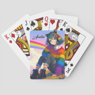 Anime Girl Rainbow Sweater Personalised  Playing Cards