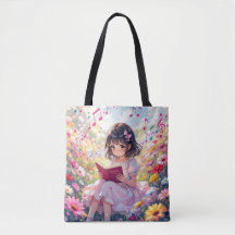 Anime Girl Reading  in Flowers and Musical Notes