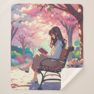 Anime Girl Reading in the Park Sherpa Blanket