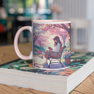 Anime Girl Reading in the Park Two-Tone Coffee Mug