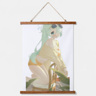 anime girl resting on a  chair in the afternoon.   hanging tapestry