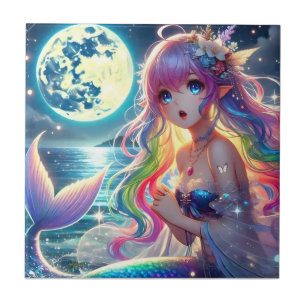 Anime Girl Singing Moonlight Pixie Rainbow Mermaid Ceramic Tile
