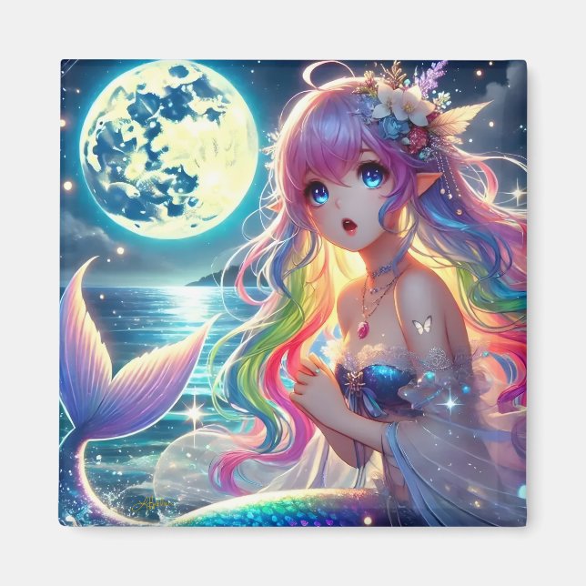 Anime Girl Singing Moonlight Pixie Rainbow Mermaid Magnet (Front)