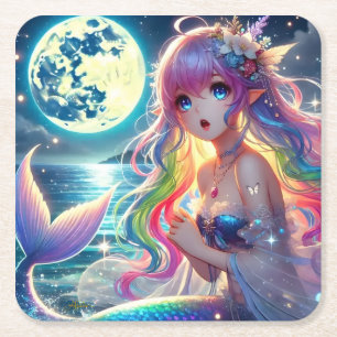 Anime Girl Singing Moonlight Pixie Rainbow Mermaid Square Paper Coaster