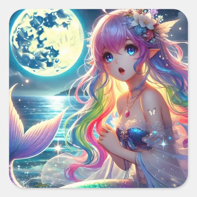 Anime Girl Singing Moonlight Pixie Rainbow Mermaid Square Sticker (Front)