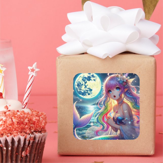 Anime Girl Singing Moonlight Pixie Rainbow Mermaid Square Sticker (Party)
