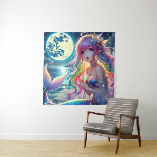 Anime Girl Singing Moonlight Pixie Rainbow Mermaid Tapestry