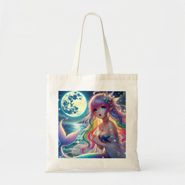 Anime Girl Singing Moonlight Pixie Rainbow Mermaid Tote Bag (Front)