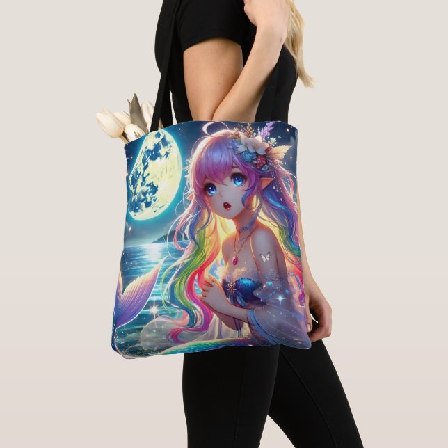 Anime Girl Singing Moonlight Pixie Rainbow Mermaid Tote Bag (Close Up)