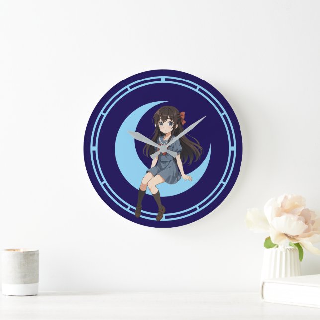 Anime Girl Sitting On A Crescent Moon Large Clock (Home)