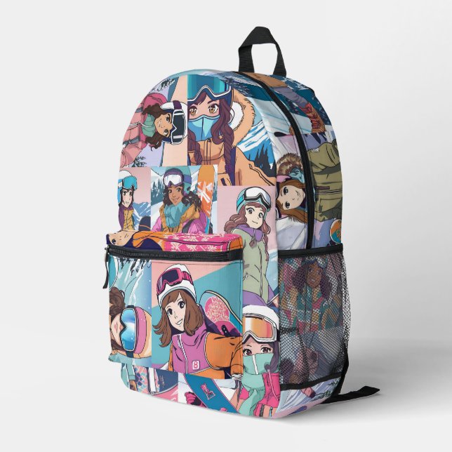 Anime Girl Snowboarder Collage Backpack (Back Corner Right)