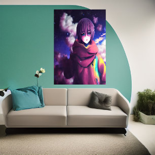 Anime girl, stars and cloud AI Art Poster