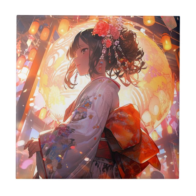 Anime Girl Stars Ceramic Tile (Front)