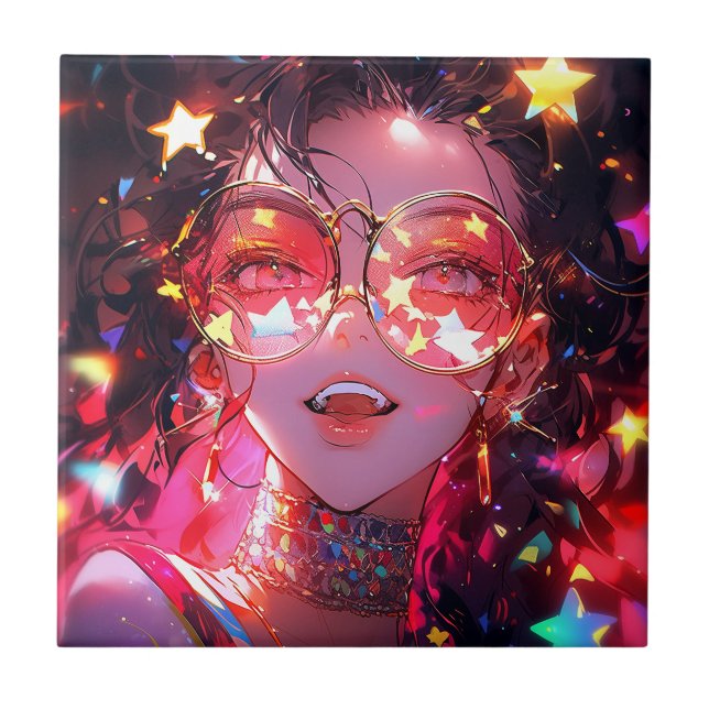 Anime Girl Stars Ceramic Tile (Front)