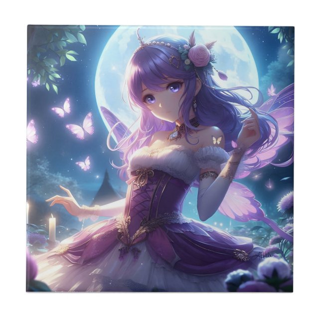 Anime Girl Violet Butterfly Wing Moon Fairy  Ceramic Tile (Front)