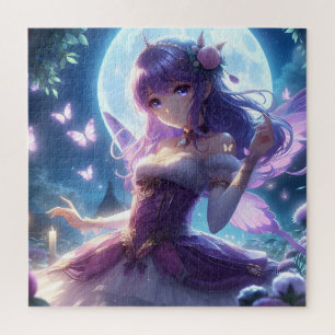 Anime Girl Violet Butterfly Wing Moon Fairy  Jigsaw Puzzle