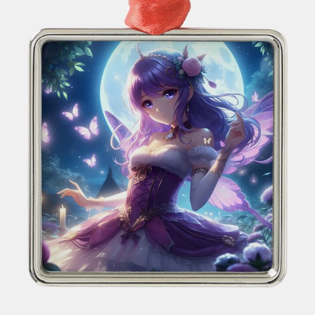 Anime Girl Violet Butterfly Wing Moon Fairy  Metal Ornament (Front)