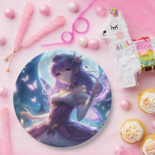 Anime Girl Violet Butterfly Wing Moon Fairy  Paper Plate