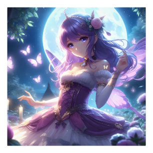 Anime Girl Violet Butterfly Wing Moon Fairy  Photo Print