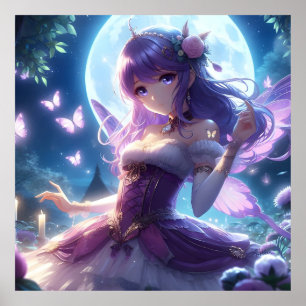 Anime Girl Violet Butterfly Wing Moon Fairy  Poster