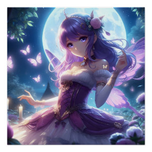 Anime Girl Violet Butterfly Wing Moon Fairy  Poster