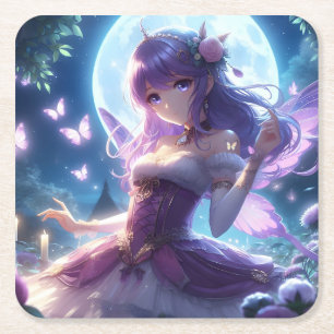 Anime Girl Violet Butterfly Wing Moon Fairy Square Paper Coaster