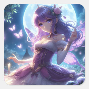 Anime Girl Violet Butterfly Wing Moon Fairy  Square Sticker