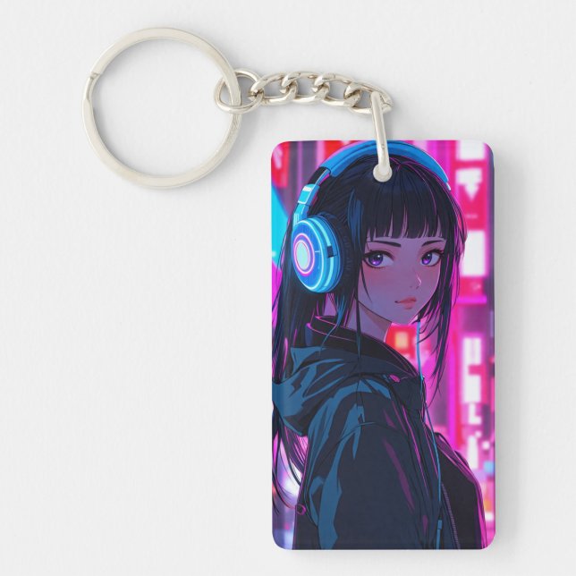 Anime Girl wearing a Headset in Cyberpunk Style Ke Key Ring (Front)