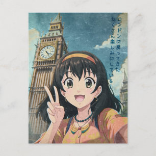Anime Girl with Big Ben, London - Retro Kawaii Art Holiday Postcard