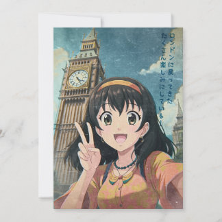 Anime Girl with Big Ben, London - Retro Kawaii Art Thank You Card