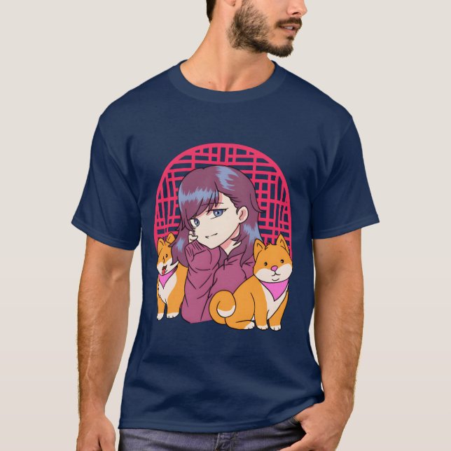 Anime Girl with Dogs funny family T-Shirt (Front)
