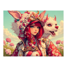 Anime girl with fantasy creature, postcrossing