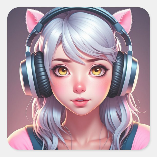 Anime Girl with Furry Ears and Headphones Square Sticker (Front)