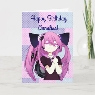 Anime Girl with Headphones Cat Ears Big Birthday Card