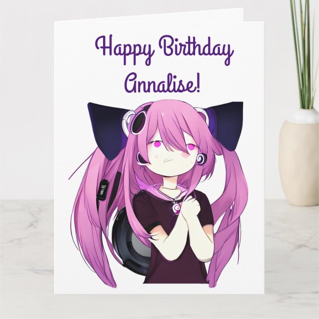 Anime Girl with Headphones Cat Ears Big Birthday  Card (Front)