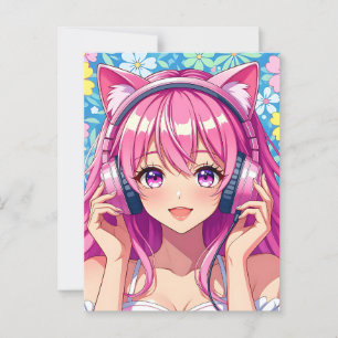 Anime Girl with Headphones   Saying Hi Postcard