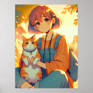 Anime Girl With Her Favorite Cat Poster