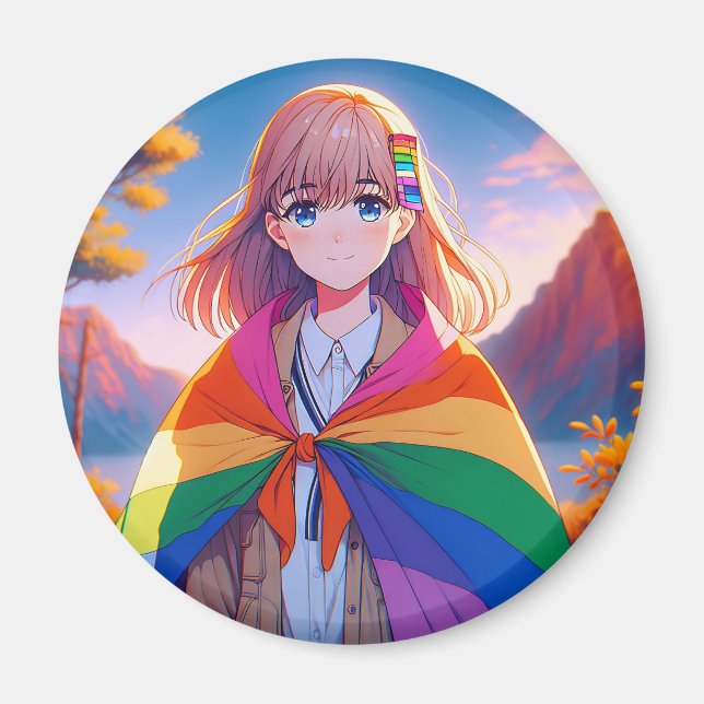 Anime Girl with LGBTQIA+ Cape  Magnet (Front)