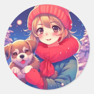 Anime Girl with Puppy Christmas Classic Round Sticker