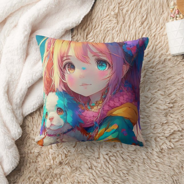 Anime Girl with Puppy Cushion (Blanket)