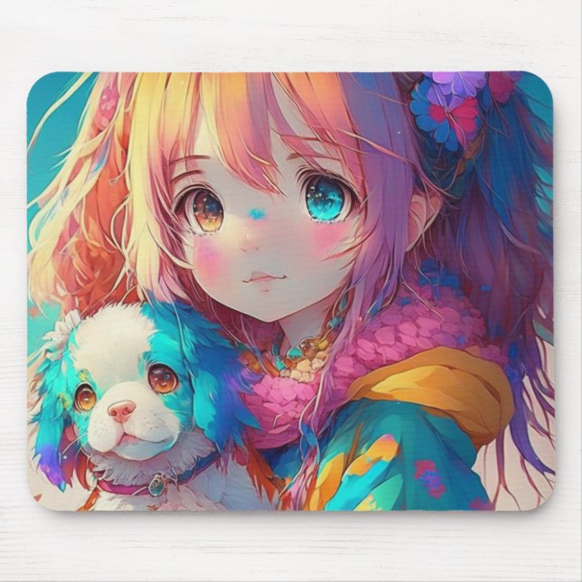 Anime Girl with Puppy Mouse Pad (Front)