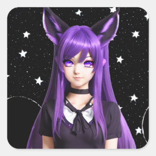 Anime Girl with Purple Hair and Eyes Square Sticker