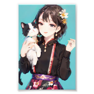 Anime Girl with Tuxedo Cat Floral Art Photo Print