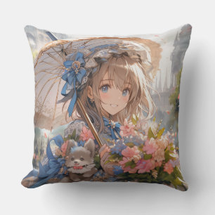 Anime girl with umbrella cushion